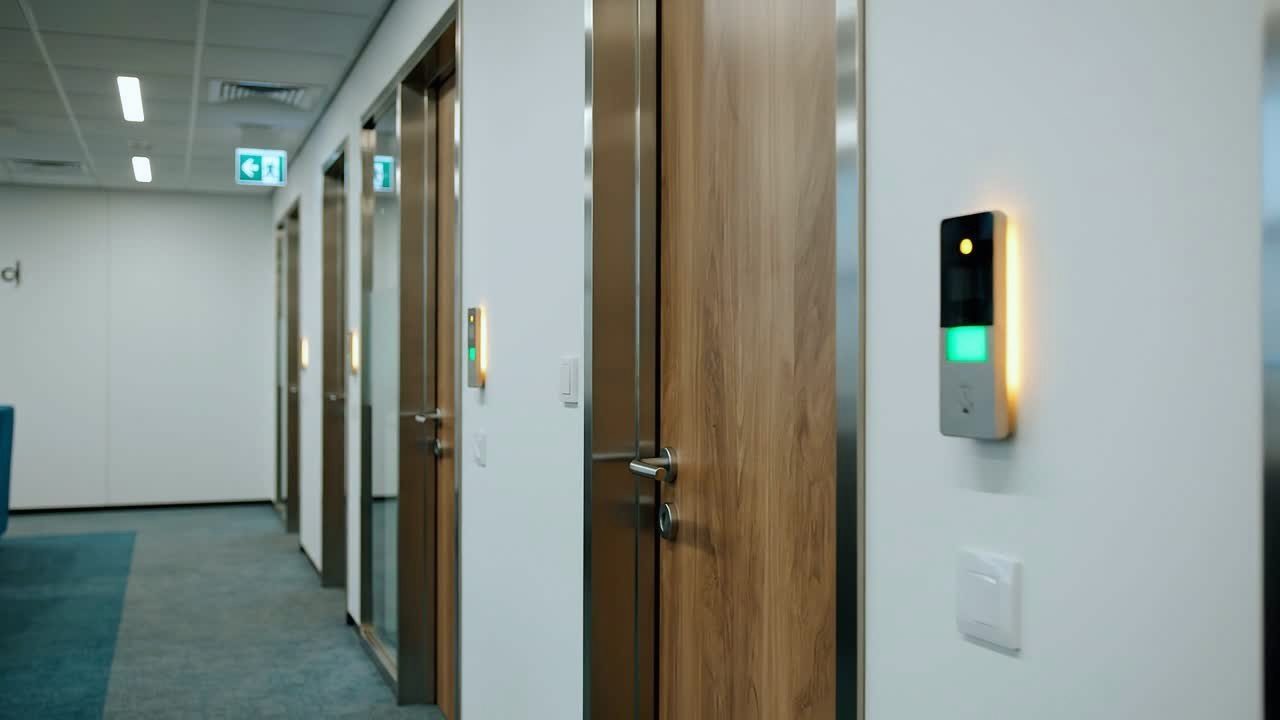 Office corridor with an access control card reader beside each door